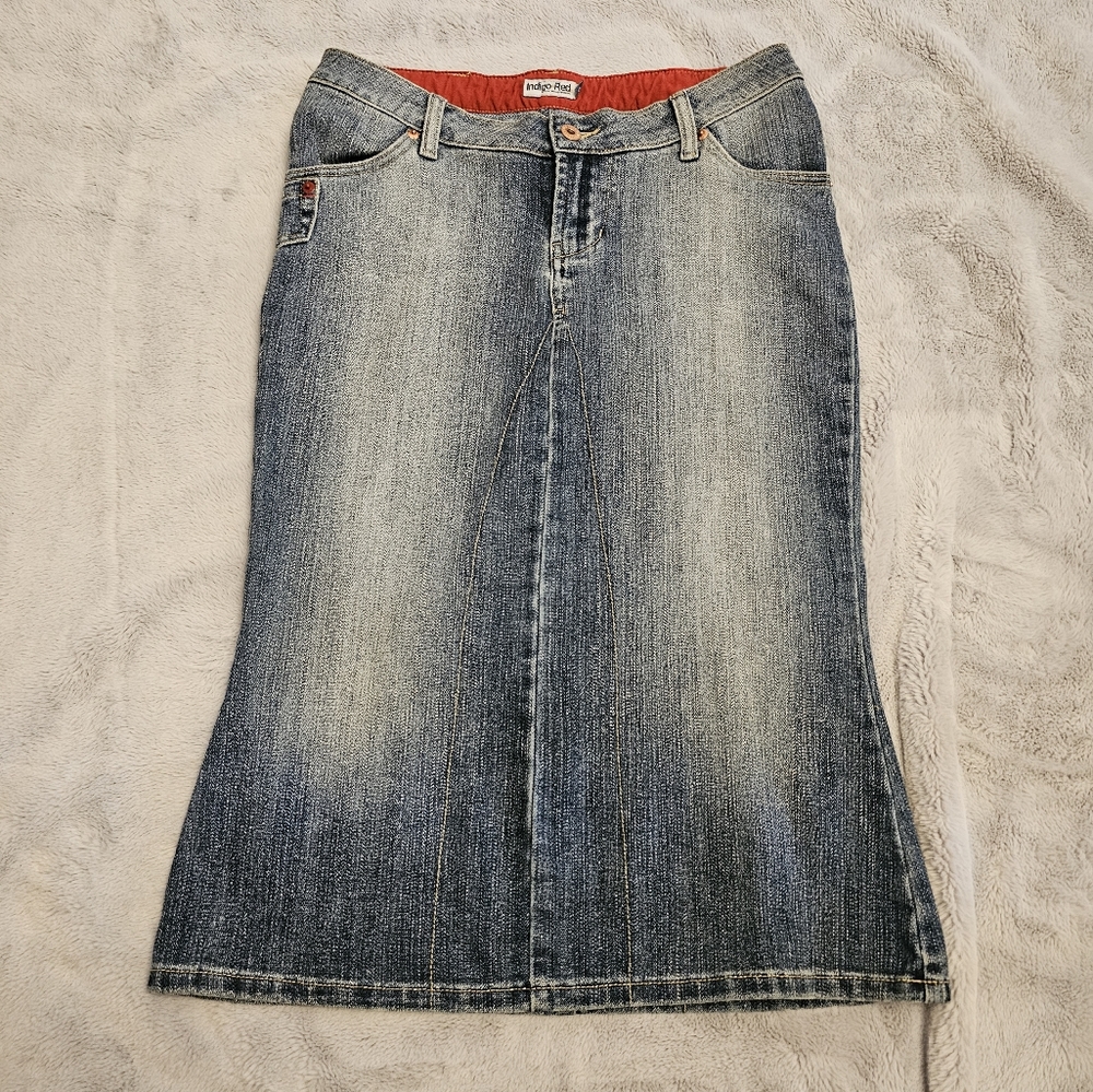 Indigo-Red Lux Denim maxi jean skirt sz8